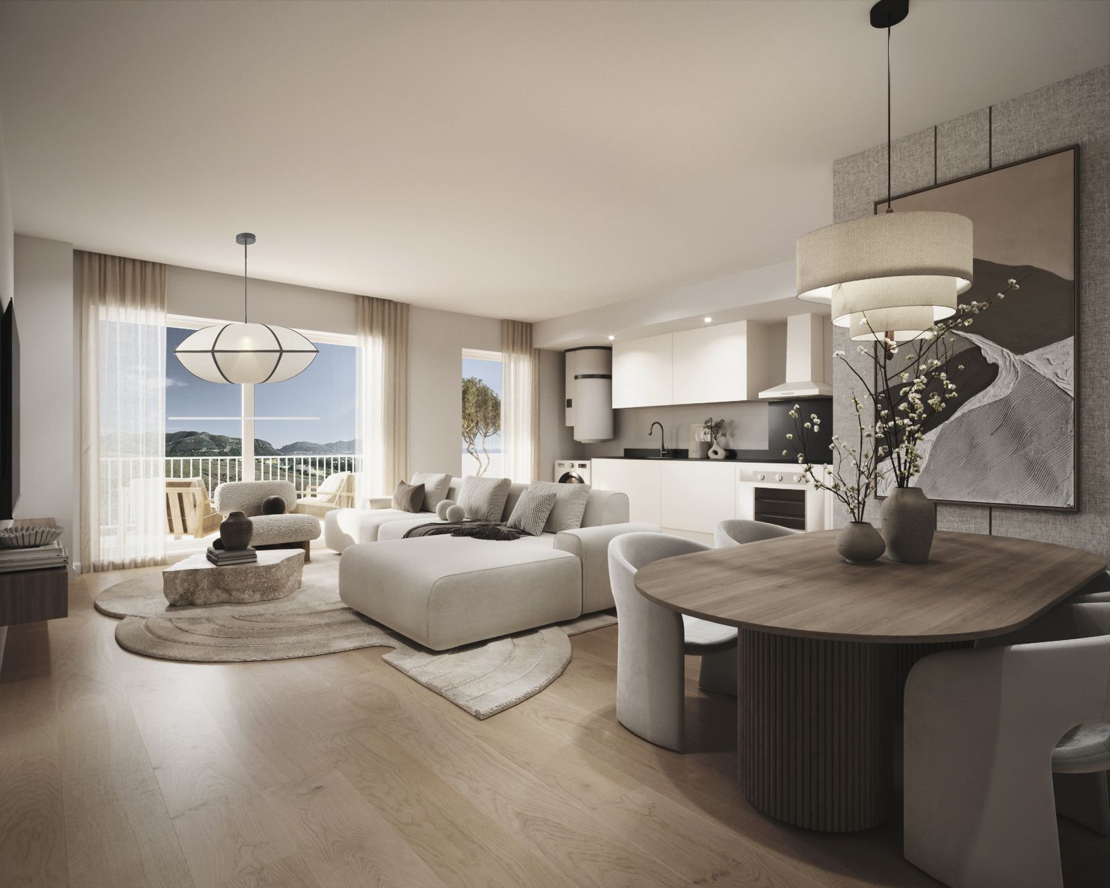 Modern living room with kitchen, dining area, and balcony view of hills.
