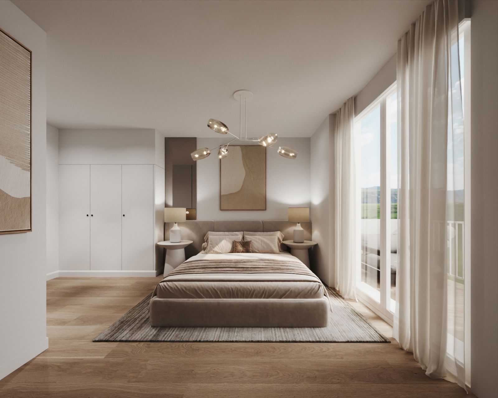 Modern bedroom with large windows, wooden floors, and a view of green hills.
